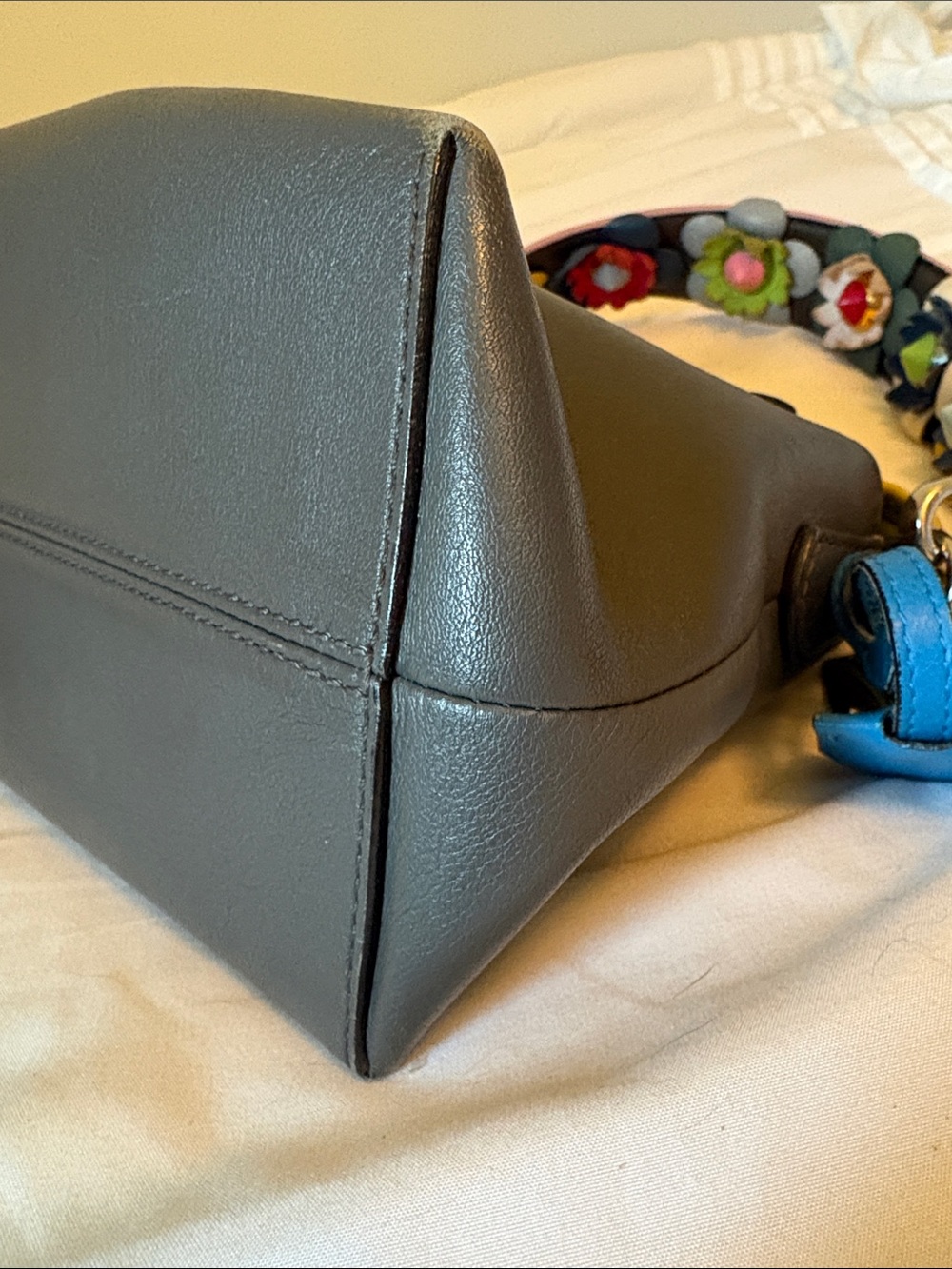 Fendi Gray Leather “by the way” Crossbody with Multicolor leather Floral Strap. - Picture 6 of 8